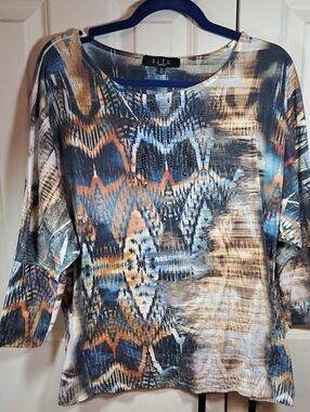 B.L.E.U. Women's Abstract Print Long Sleeve Top in Blue, Tan & Orange